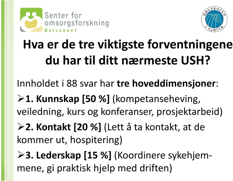 Kunnskap [50 %] (kompetanseheving, veiledning, kurs og konferanser, prosjektarbeid) 2.