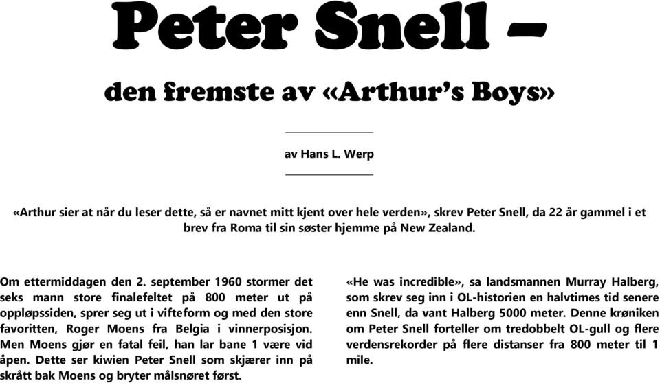 september 1960 stormer det seks mann store finalefeltet på 800 meter ut på oppløpssiden, sprer seg ut i vifteform og med den store favoritten, Roger Moens fra Belgia i vinnerposisjon.