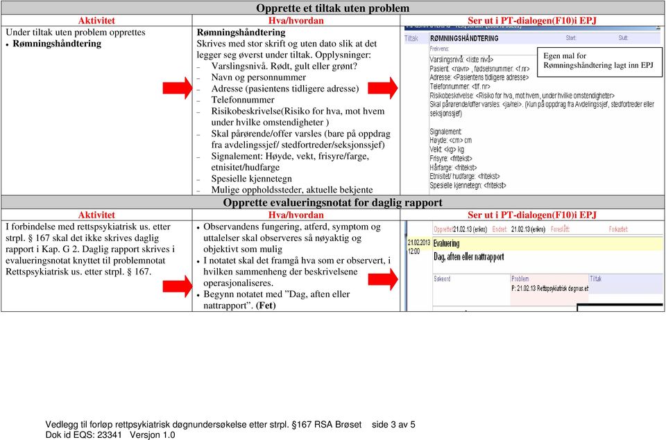 Navn og personnummer Adresse (pasientens tidligere adresse) Telefonnummer Risikobeskrivelse(Risiko for hva, mot hvem under hvilke omstendigheter ) Skal pårørende/offer varsles (bare på oppdrag fra