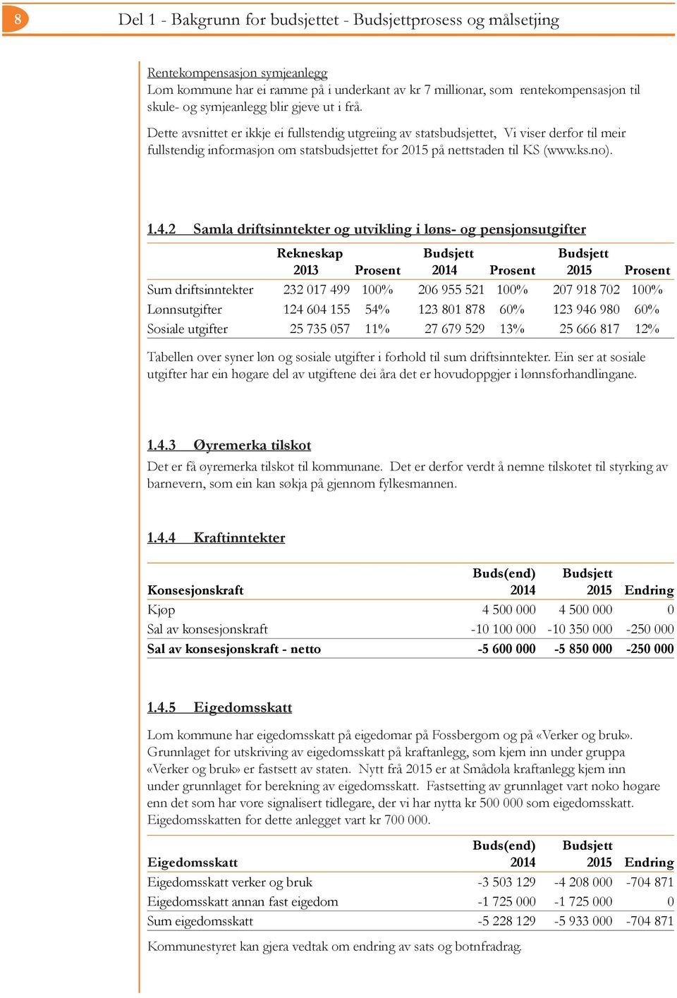 4.2 Samla driftsinntekter og utvikling i løns- og pensjonsutgifter Rekneskap Prosent 2014 Prosent 2015 Prosent Sum driftsinntekter 232 017 499 100% 206 955 521 100% 207 918 702 100% Lønnsutgifter 124