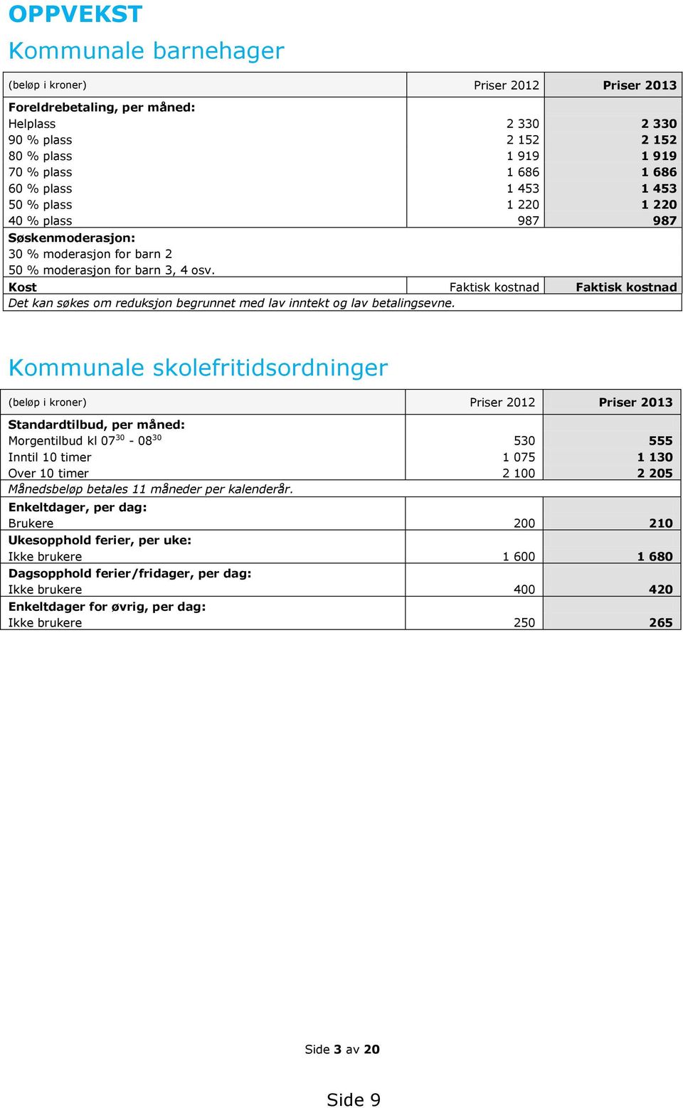 Kost Faktisk kostnad Faktisk kostnad Det kan søkes om reduksjon begrunnet med lav inntekt og lav betalingsevne.