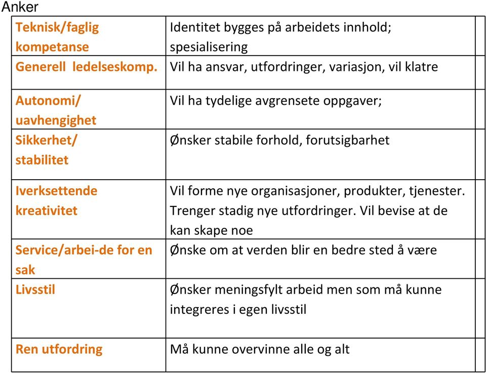 Livsstil Ren utfordring Vil ha tydelige avgrensete oppgaver; Ønsker stabile forhold, forutsigbarhet Vil forme nye organisasjoner, produkter, tjenester.