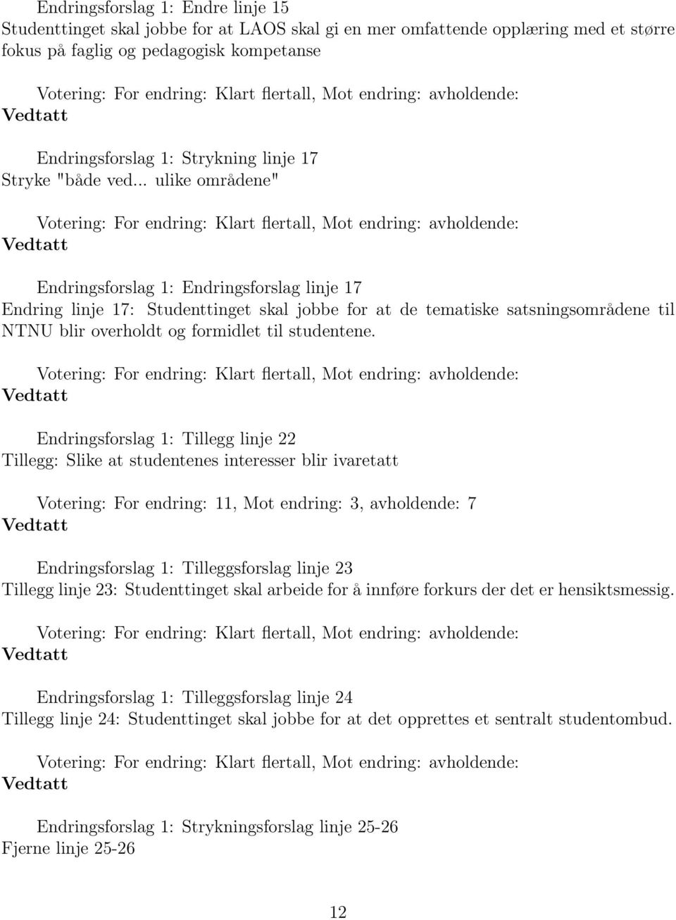 .. ulike områdene" Endringsforslag 1: Endringsforslag linje 17 Endring linje 17: Studenttinget skal jobbe for at de tematiske satsningsområdene til NTNU blir overholdt og formidlet til studentene.