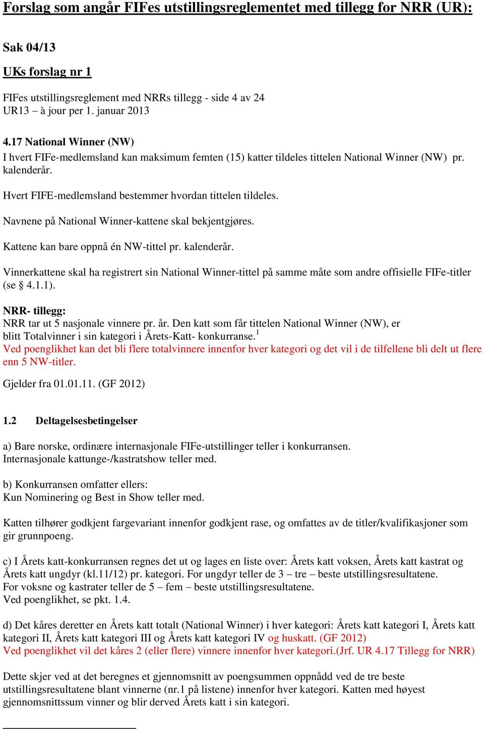 Navnene på National Winner-kattene skal bekjentgjøres. Kattene kan bare oppnå én NW-tittel pr. kalenderår.