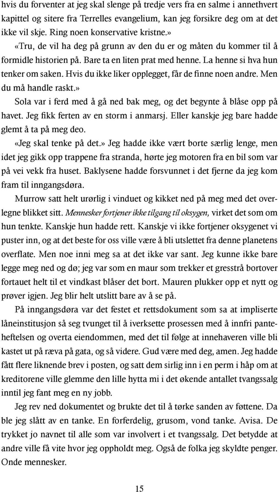 Hvis du ikke liker opplegget, får de finne noen andre. Men du må handle raskt.» Sola var i ferd med å gå ned bak meg, og det begynte å blåse opp på havet. Jeg fikk ferten av en storm i anmarsj.