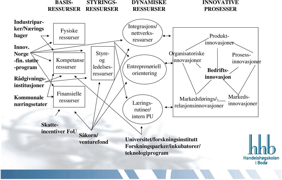 INNOVATIVE PROSESSER DYNAMISKE RESSURSER Styreog ledelsesressurser STYRINGS- RESSURSER Universitet/forskningsinstitutt Forskningsparker/inkubatorer/