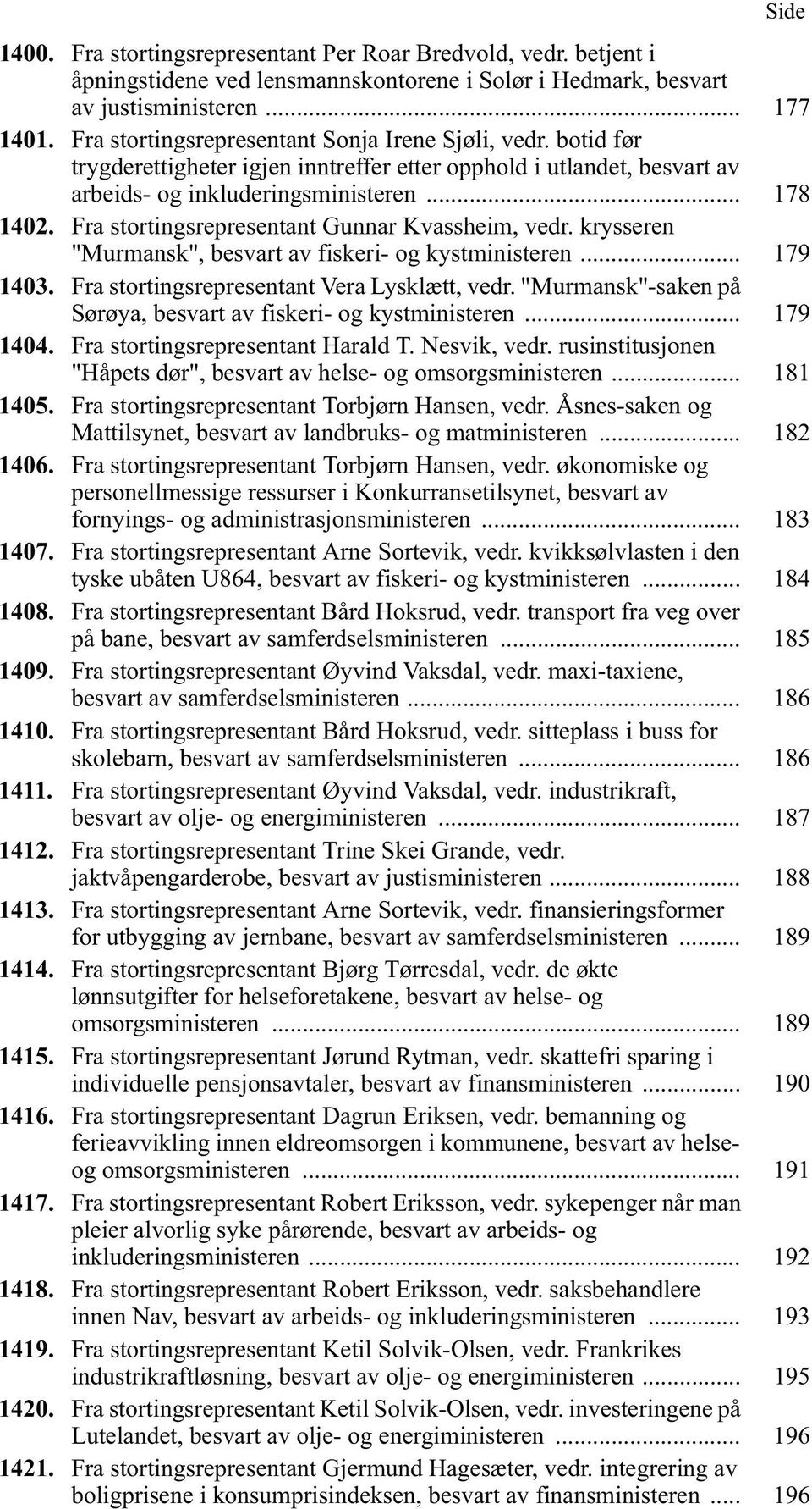 Fra stortingsrepresentant Gunnar Kvassheim, vedr. krysseren "Murmansk", besvart av fiskeri- og kystministeren... 179 1403. Fra stortingsrepresentant Vera Lysklætt, vedr.