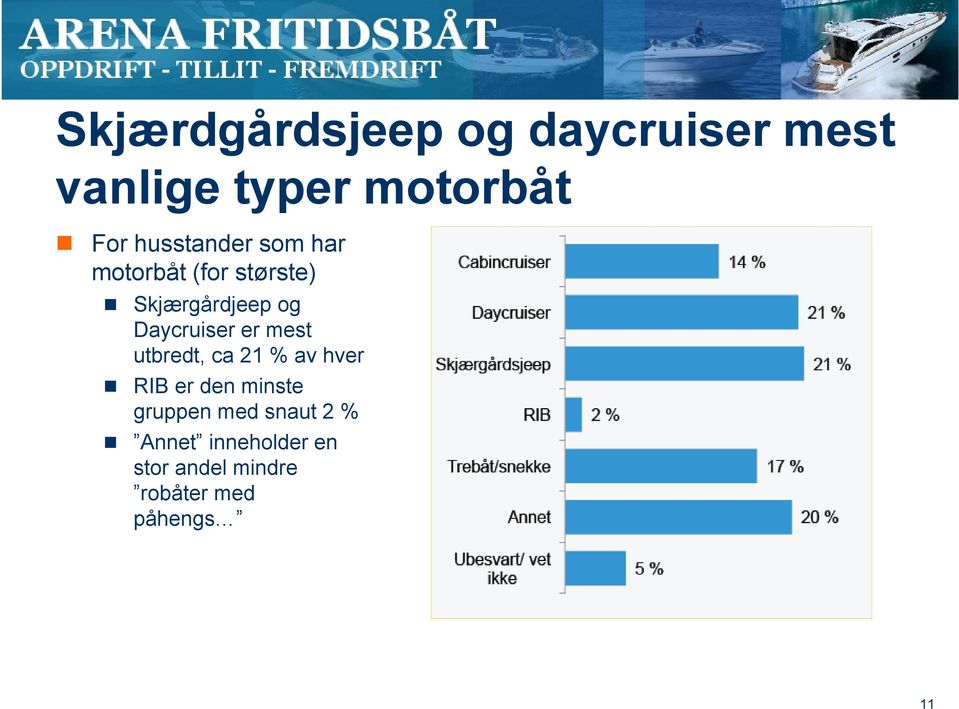 Daycruiser er mest utbredt, ca 21 % av hver RIB er den minste