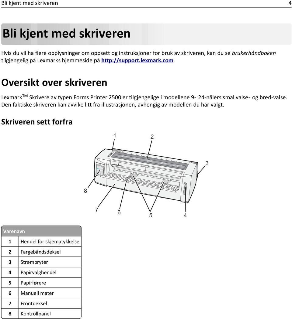 Oversikt over skriveren Lexmark TM Skrivere av typen Forms Printer 2500 er tilgjengelige i modellene 9 24 nålers smal valse og bred valse.