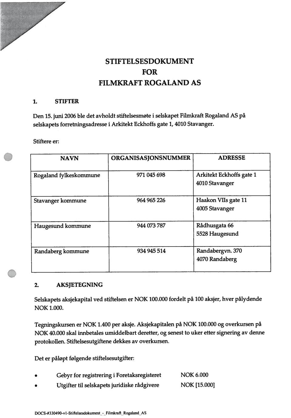 Stiftere er: NAVN ORGANISASJONSNUMMER ADRESSE Rogaland fylkeskommune 971 045 698 Arkitekt Eckhoffs gate I 4010 Stavanger Stavanger kommune 964 965 226 Haakon Vils gate 11 4005 Stavanger Haugesund