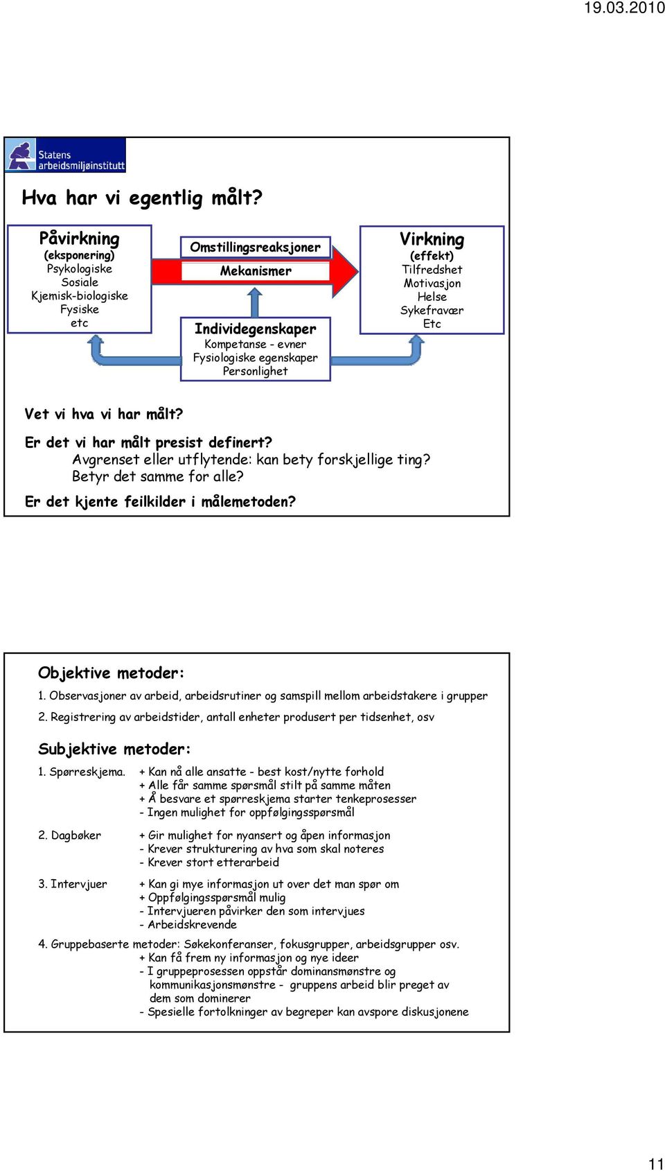 (effekt) Tilfredshet Motivasjon Helse Sykefravær Etc Vet vi hva vi har målt? Er det vi har målt presist definert? Avgrenset eller utflytende: kan bety forskjellige ting? Betyr det samme for alle?