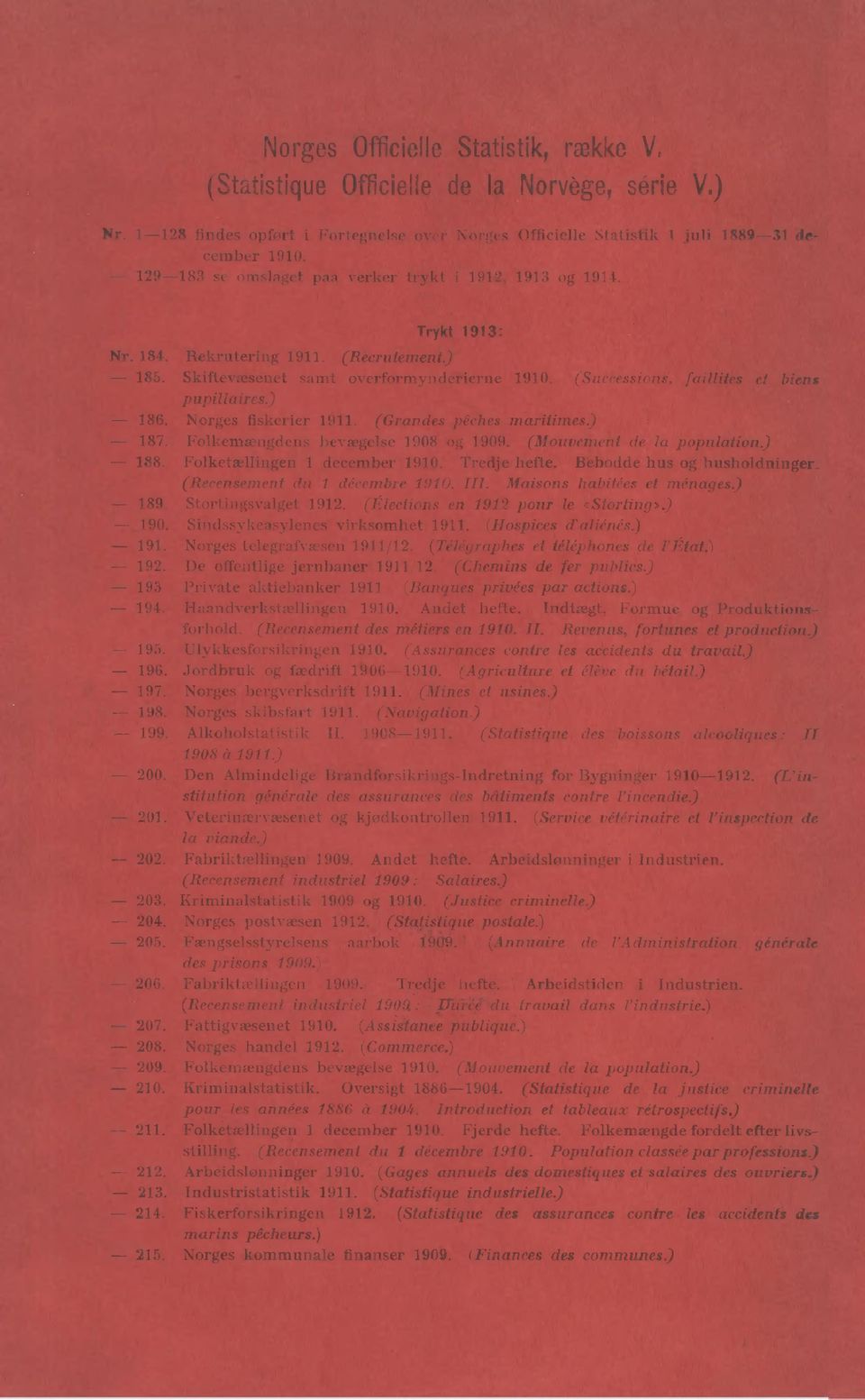 (Successions, faillites el biens pupillaires.) - 186. Norges fiskerier 1911. (Grandes peches maritimes) - 187. Folkemængdens bevægelse 1908 og 1909. (Motivement de la population) - 188.