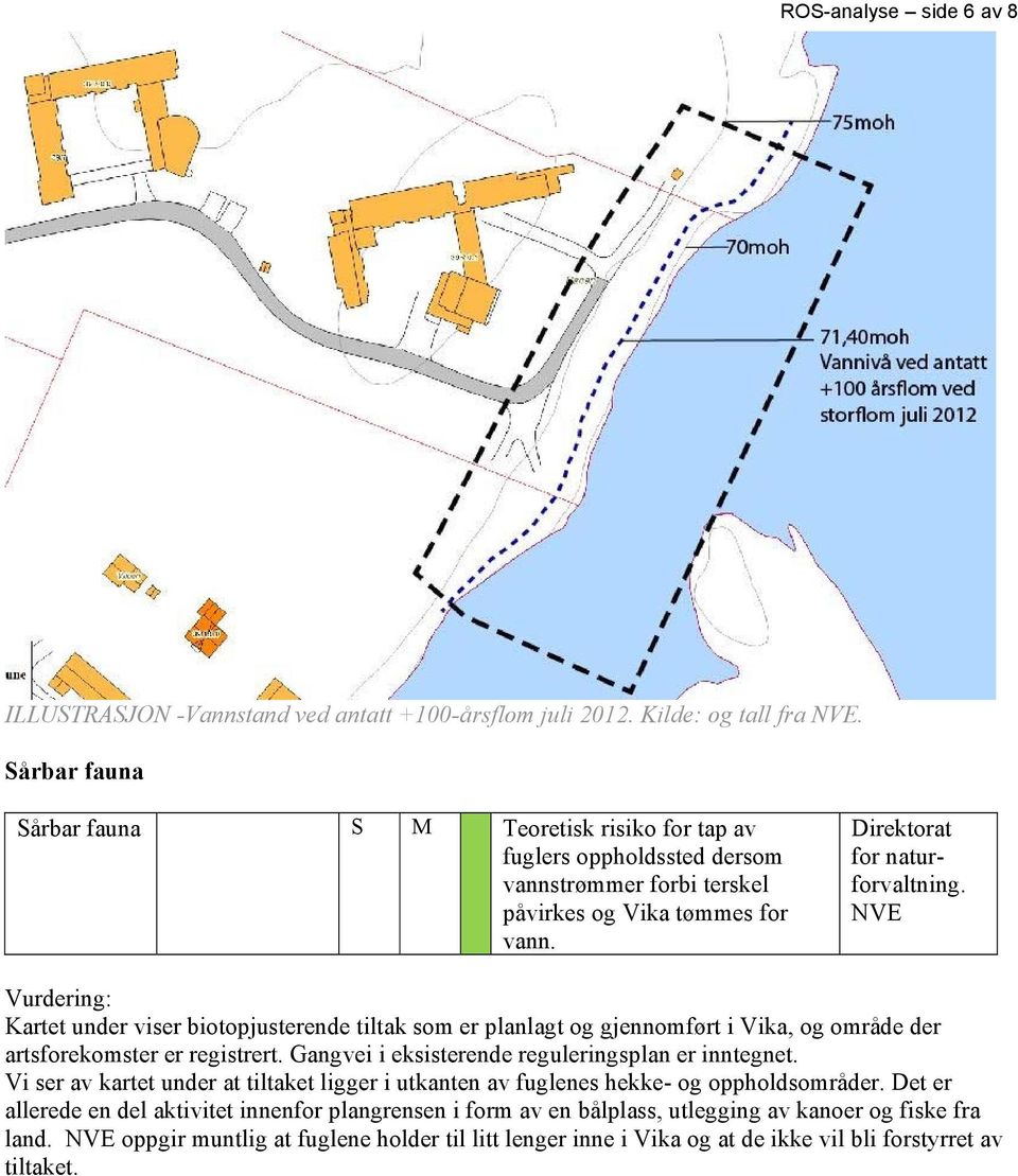 Vurdering: Kartet under viser biotopjusterende tiltak som er planlagt og gjennomført i Vika, og område der artsforekomster er registrert. Gangvei i eksisterende reguleringsplan er inntegnet.