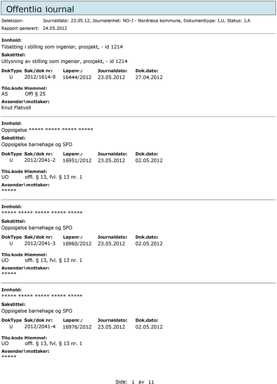 2012/1614-9 16444/2012 Offl 25 Knut Flatvoll 27.04.2012 Oppsigelse Oppsigelse barnehage og SFO 2012/2041-2 16951/2012 02.05.