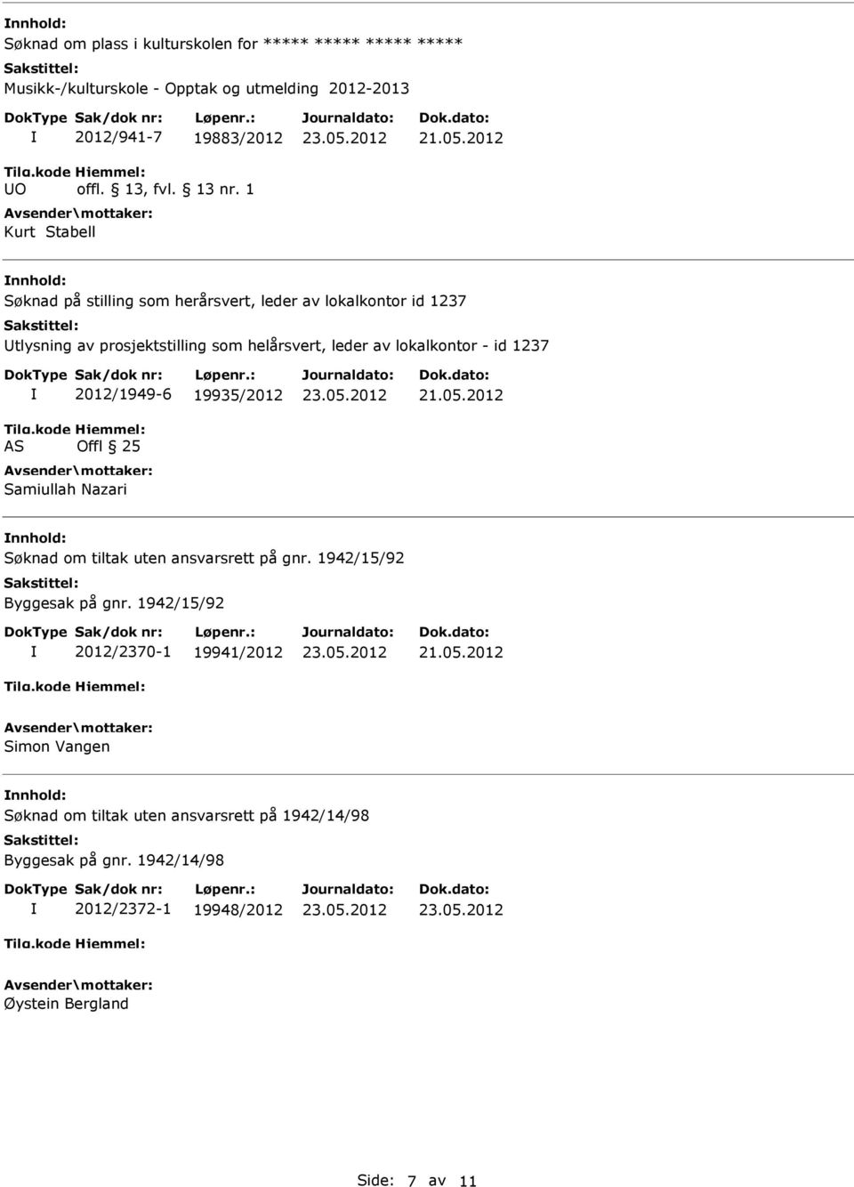 2012/1949-6 19935/2012 Offl 25 Samiullah Nazari Søknad om tiltak uten ansvarsrett på gnr. 1942/15/92 Byggesak på gnr.