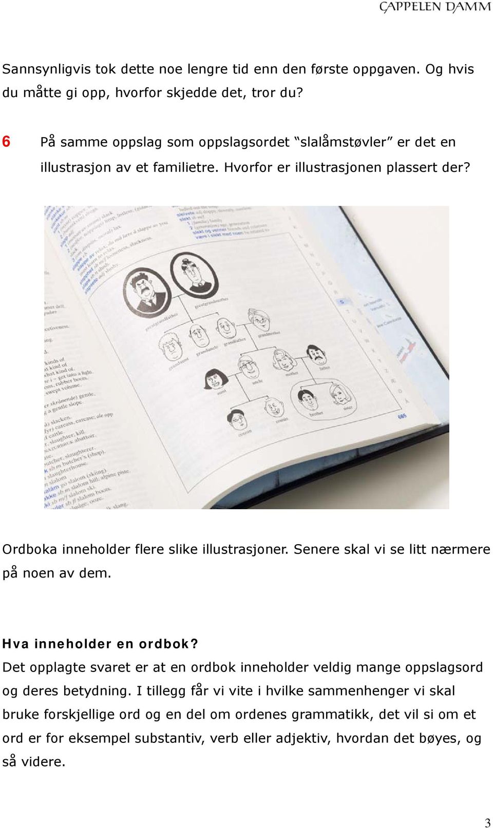 Ordboka inneholder flere slike illustrasjoner. Senere skal vi se litt nærmere på noen av dem. Hva inneholder en ordbok?