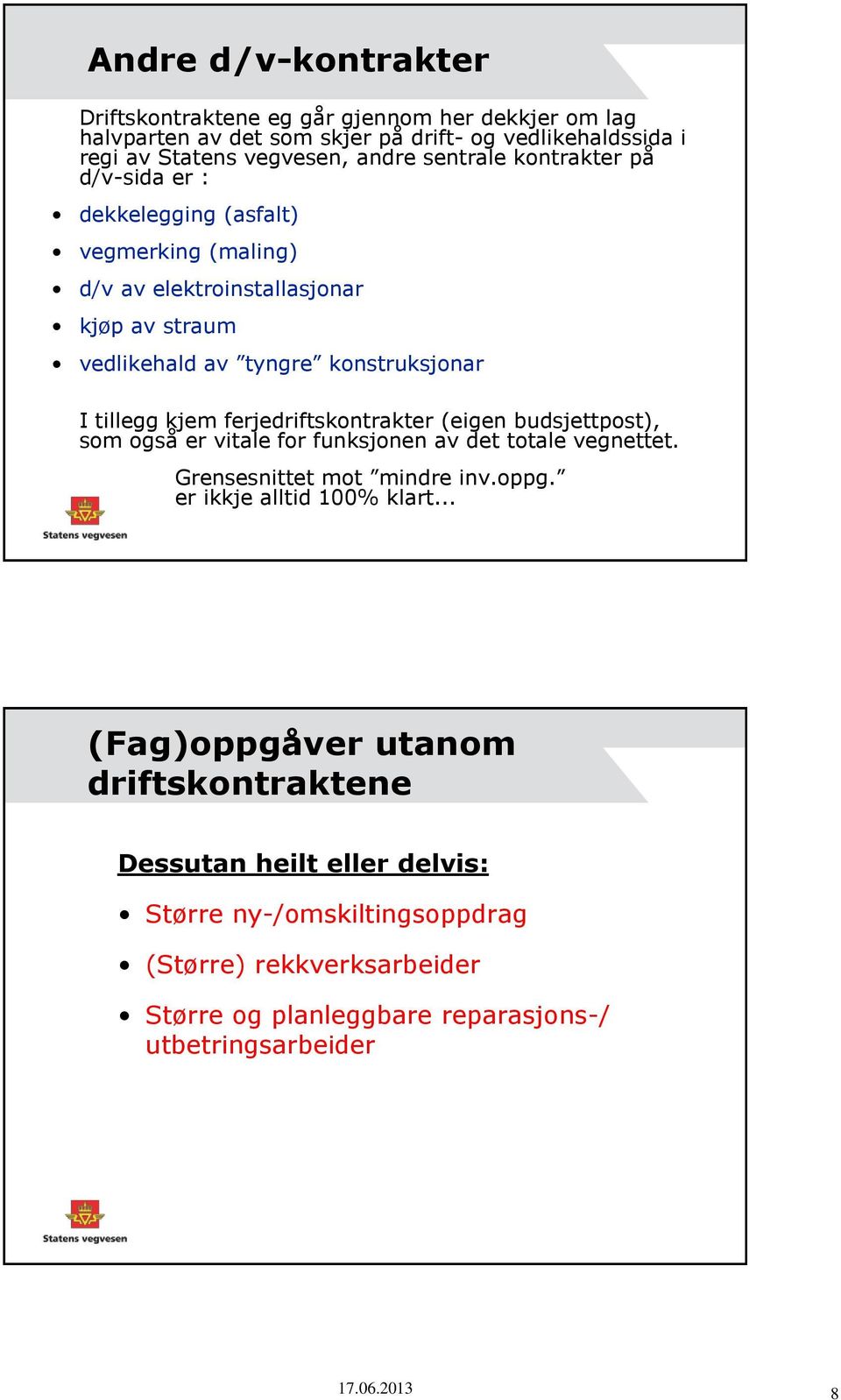 kjem ferjedriftskontrakter (eigen budsjettpost), som også er vitale for funksjonen av det totale vegnettet. Grensesnittet mot mindre inv.oppg. er ikkje alltid 100% klart.