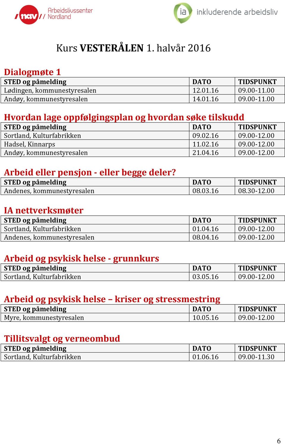 00 IA nettverksmøter Sortland, Kulturfabrikken 01.04.16 09.00-12.00 Andenes, kommunestyresalen 08.04.16 09.00-12.00 Arbeid og psykisk helse - grunnkurs Sortland, Kulturfabrikken 03.05.16 09.00-12.00 Arbeid og psykisk helse kriser og stressmestring Myre, kommunestyresalen 10.