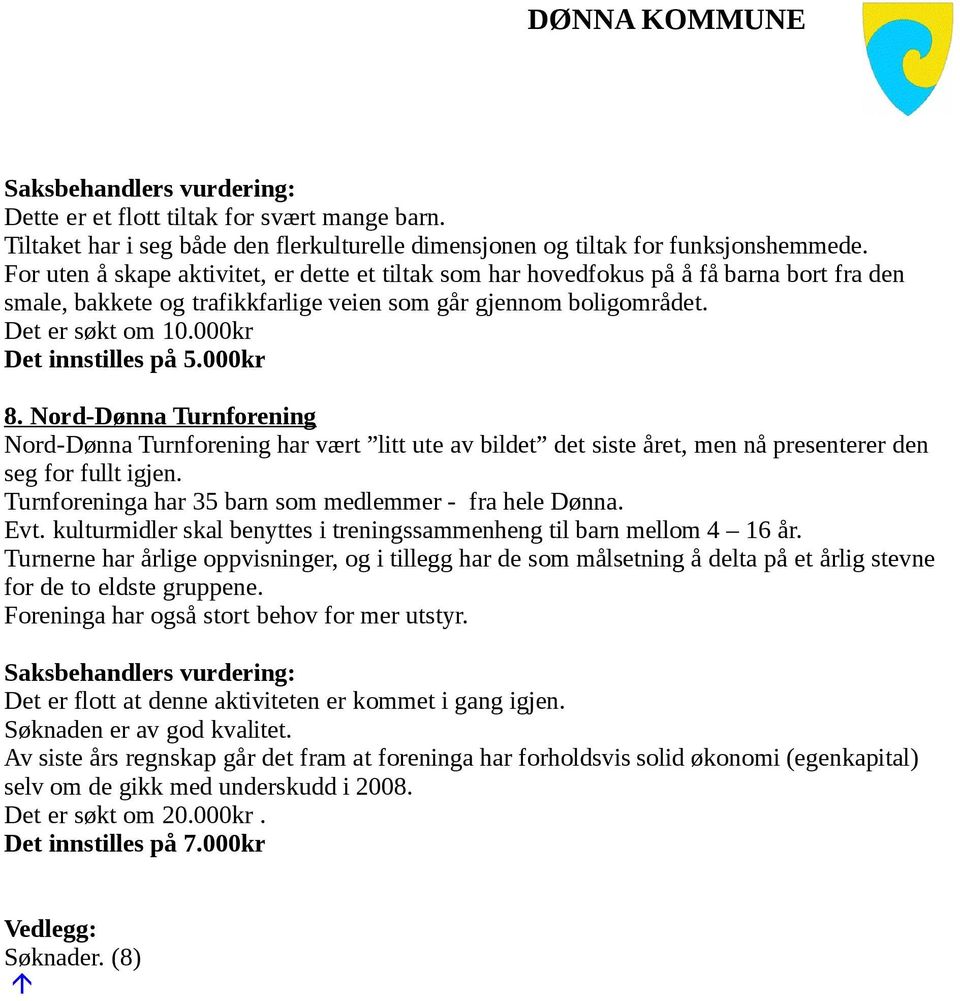 000kr Det innstilles på 5.000kr 8. Nord-Dønna Turnforening Nord-Dønna Turnforening har vært litt ute av bildet det siste året, men nå presenterer den seg for fullt igjen.