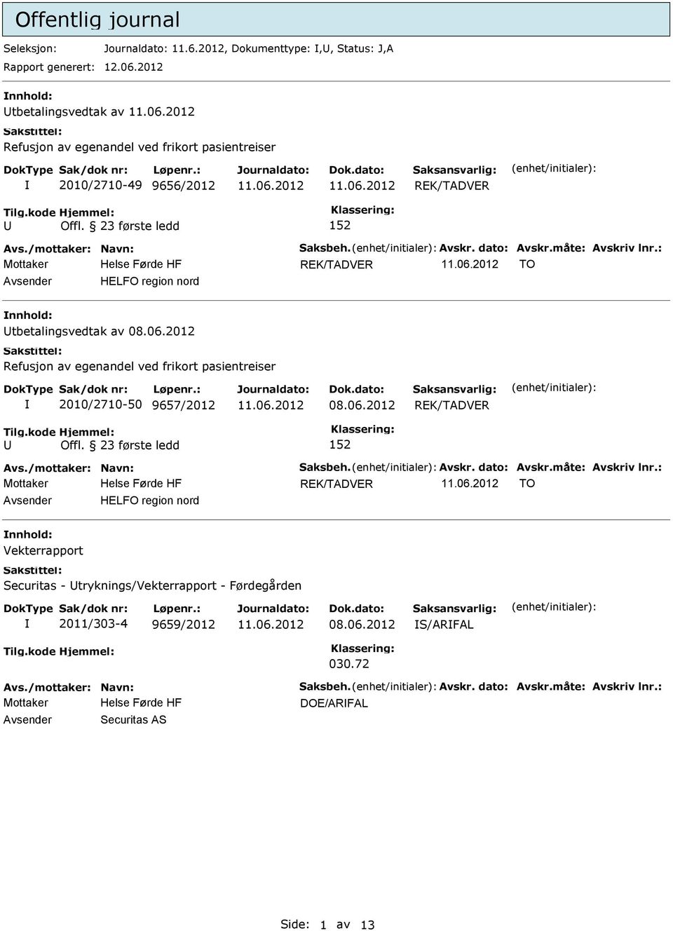 23 første ledd 152 REK/TADVER TO HELFO region nord nnhold: tbetalingsvedtak av 08.06.