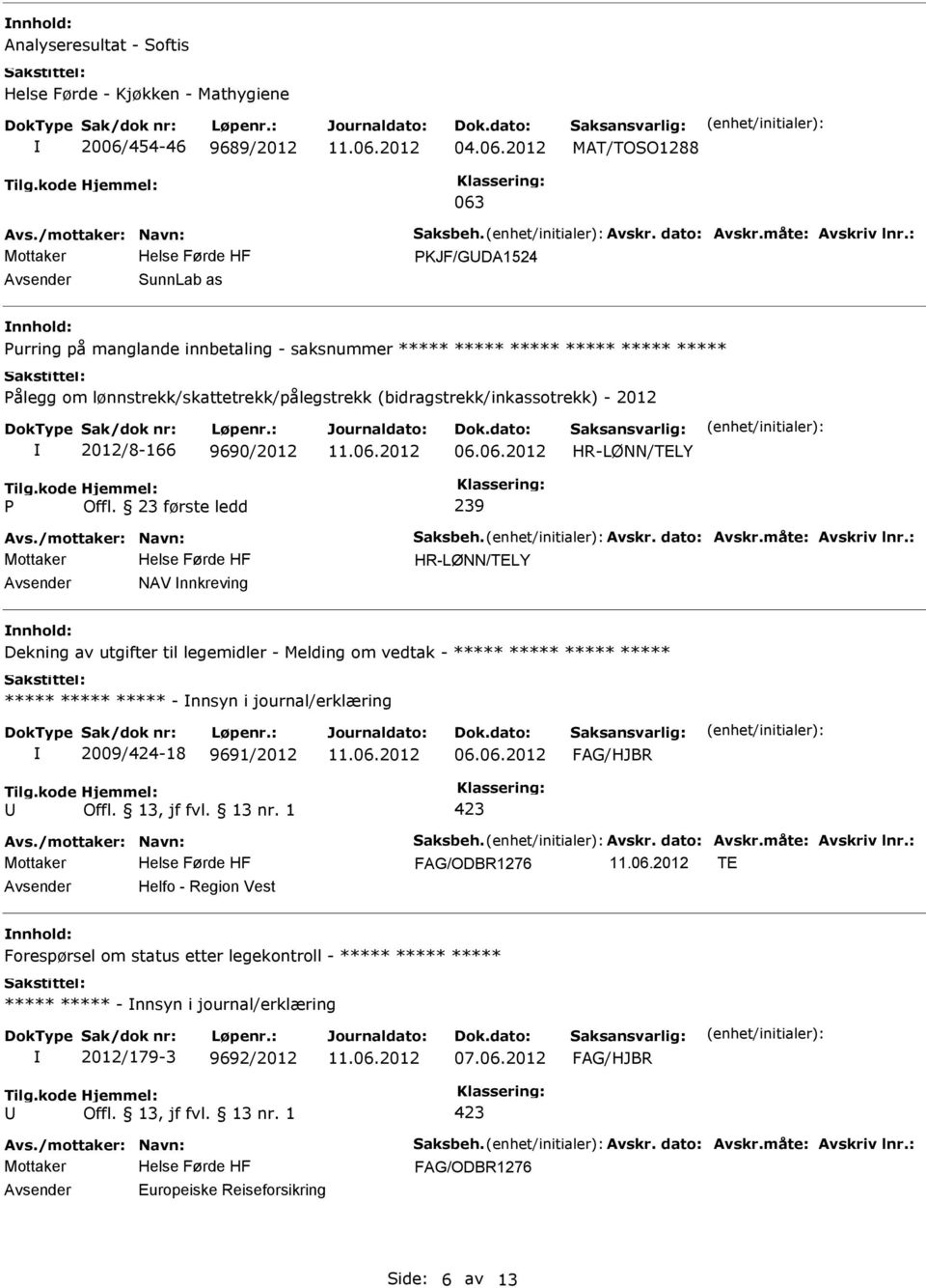 2012 MAT/TOSO1288 063 KJF/GDA1524 SunnLab as nnhold: urring på manglande innbetaling - saksnummer ***** ***** ***** ***** ***** ***** ålegg om lønnstrekk/skattetrekk/pålegstrekk