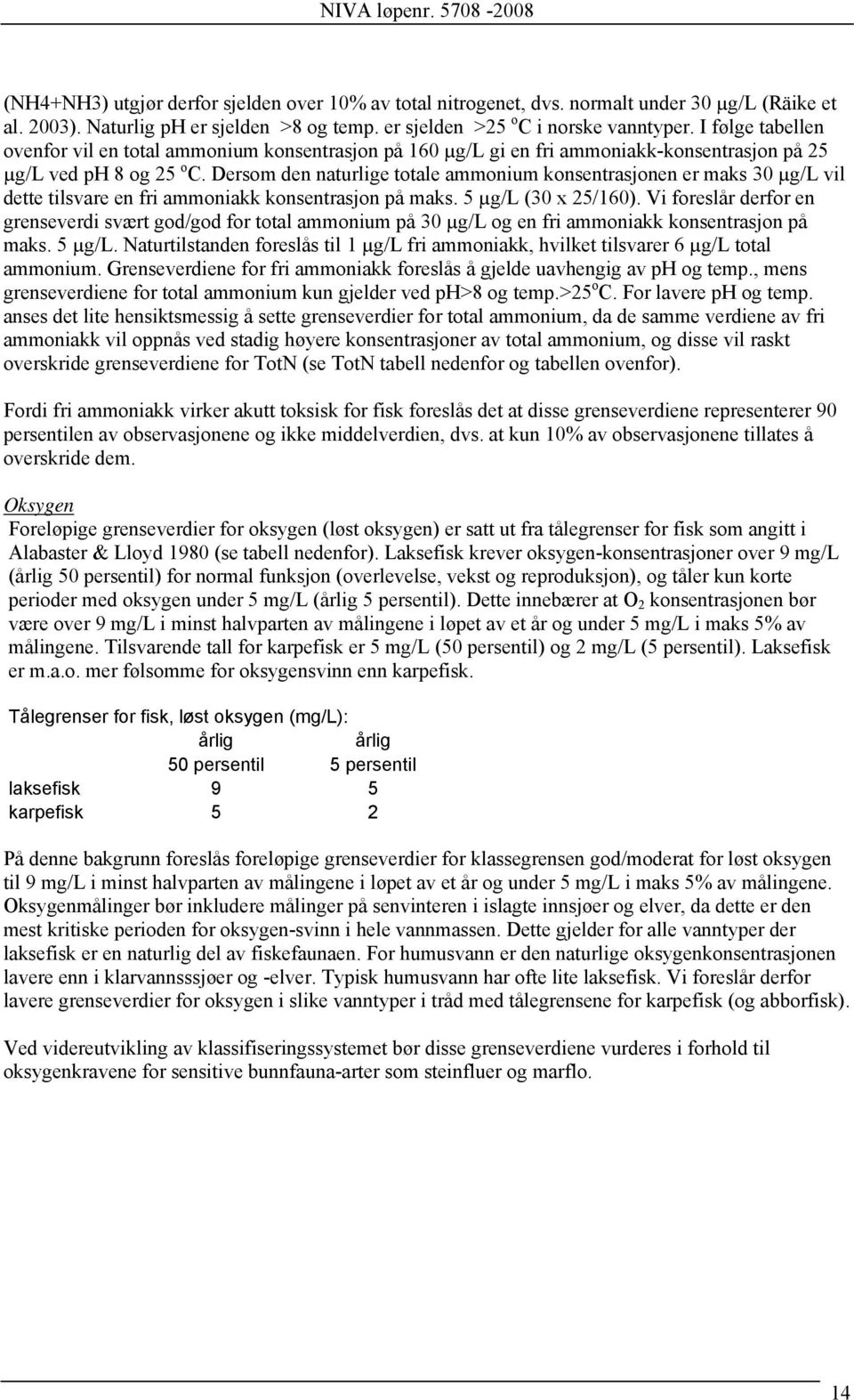 Dersom den naturlige totale ammonium konsentrasjonen er maks 30 µg/l vil dette tilsvare en fri ammoniakk konsentrasjon på maks. 5 µg/l (30 x 25/160).