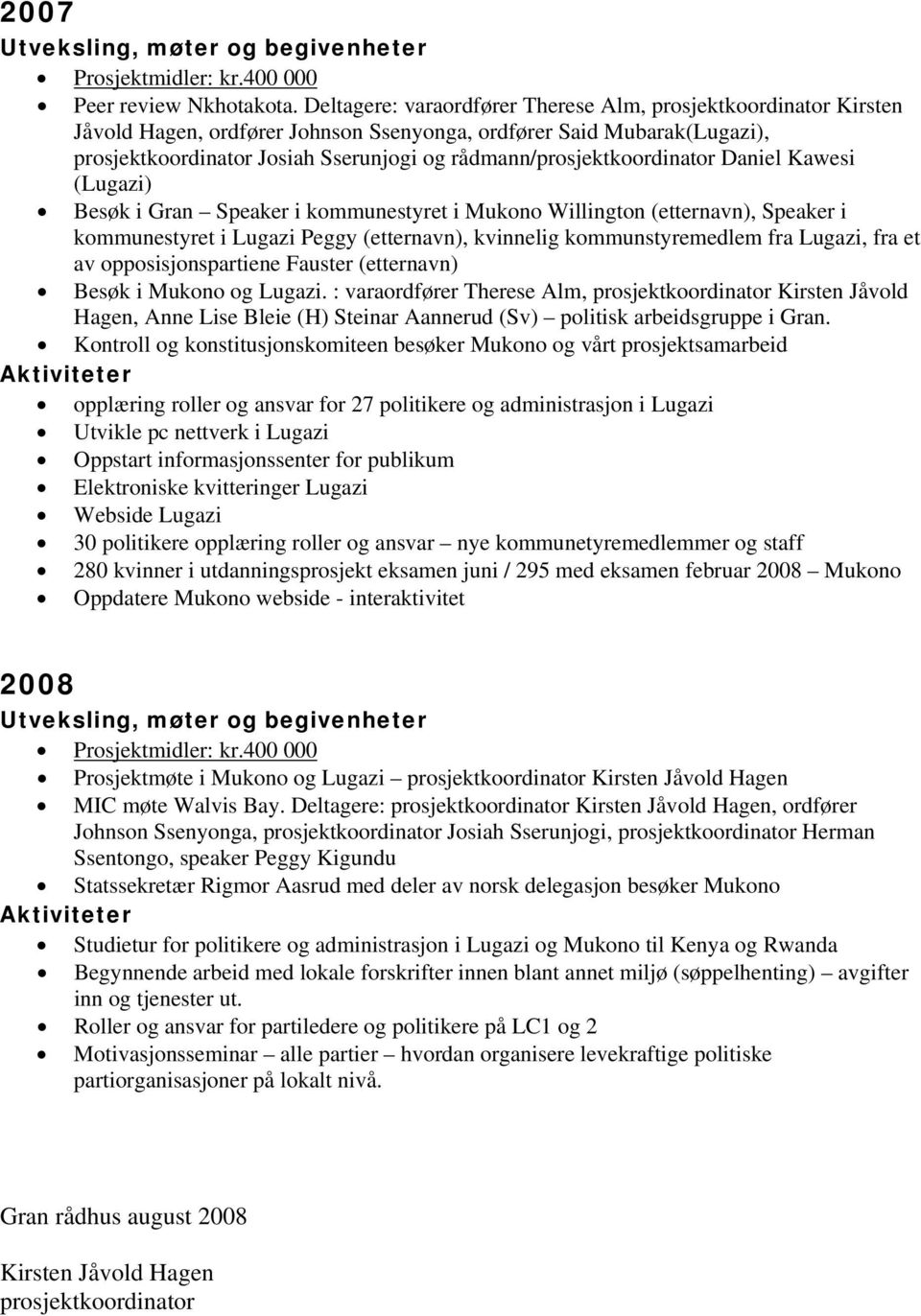 rådmann/prosjektkoordinator Daniel Kawesi (Lugazi) Besøk i Gran Speaker i kommunestyret i Mukono Willington (etternavn), Speaker i kommunestyret i Lugazi Peggy (etternavn), kvinnelig