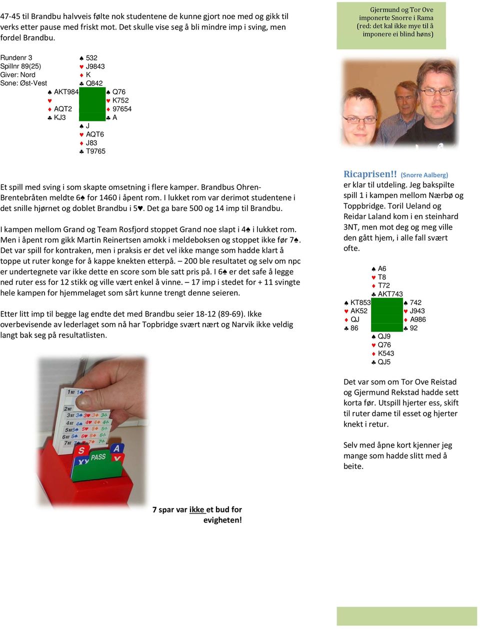 J AQT6 J83 T9765 Et spill med sving i som skapte omsetning i flere kamper. Brandbus Ohren- Brentebråten meldte 6 for 1460 i åpent rom.