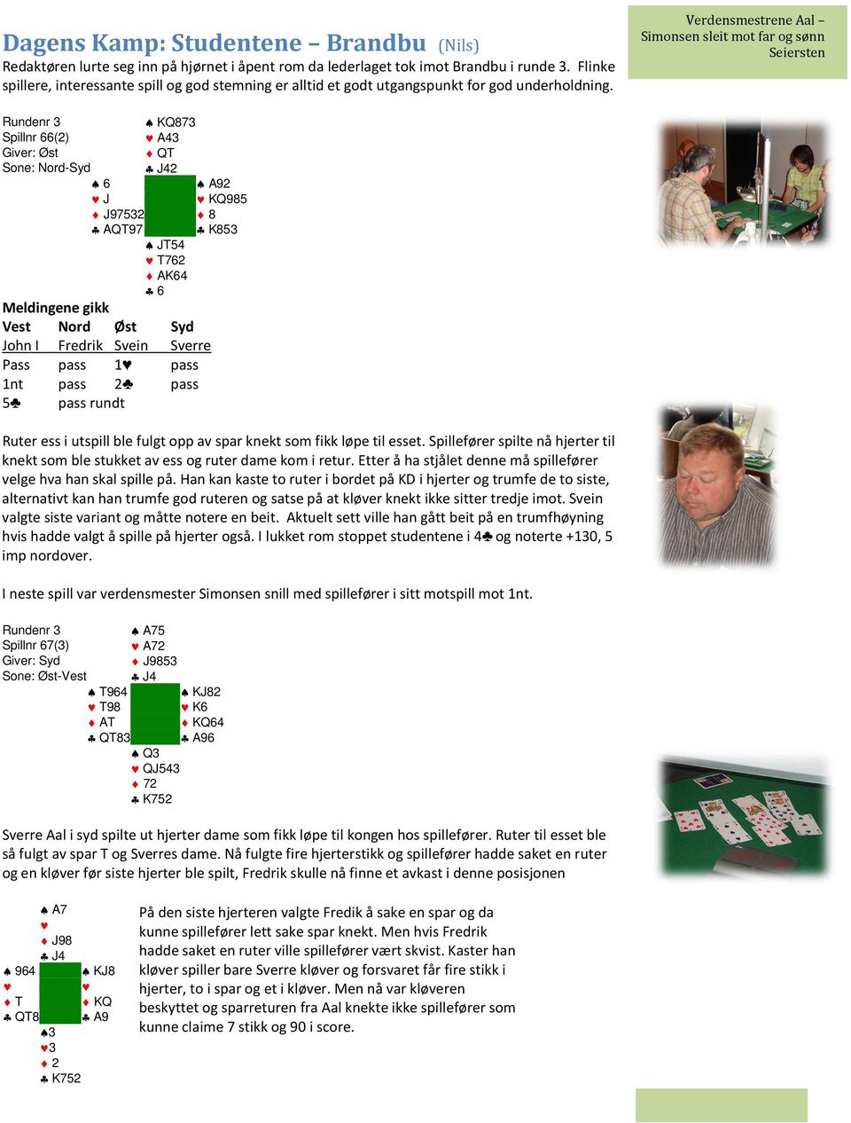 Verdensmestrene Aal Simonsen sleit mot far og sønn Seiersten Rundenr 3 KQ873 Spillnr 66(2) A43 Giver: Øst QT Sone: Nord-Syd J42 6 A92 J KQ985 J97532 8 AQT97 K853 JT54 T762 AK64 6 John I Fredrik Svein