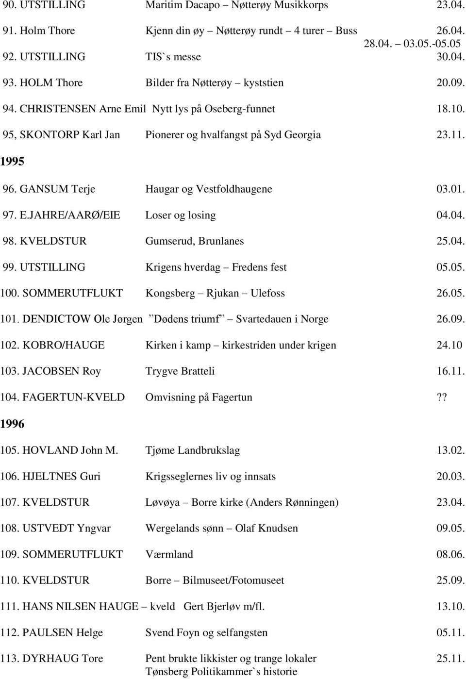 GANSUM Terje Haugar og Vestfoldhaugene 03.01. 97. E.JAHRE/AARØ/EIE Loser og losing 04.04. 98. KVELDSTUR Gumserud, Brunlanes 25.04. 99. UTSTILLING Krigens hverdag Fredens fest 05.05. 100.