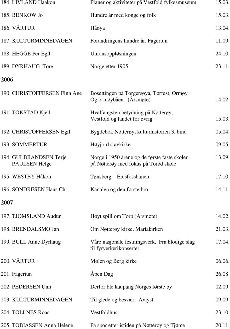 (Årsmøte) 14.02. 191. TOKSTAD Kjell Hvalfangsten betydning på Nøtterøy, Vestfold og landet for øvrig 15.03. 192. CHRISTOFFERSEN Egil Bygdebok Nøtterøy, kulturhistorien 3. bind 05.04. 193.