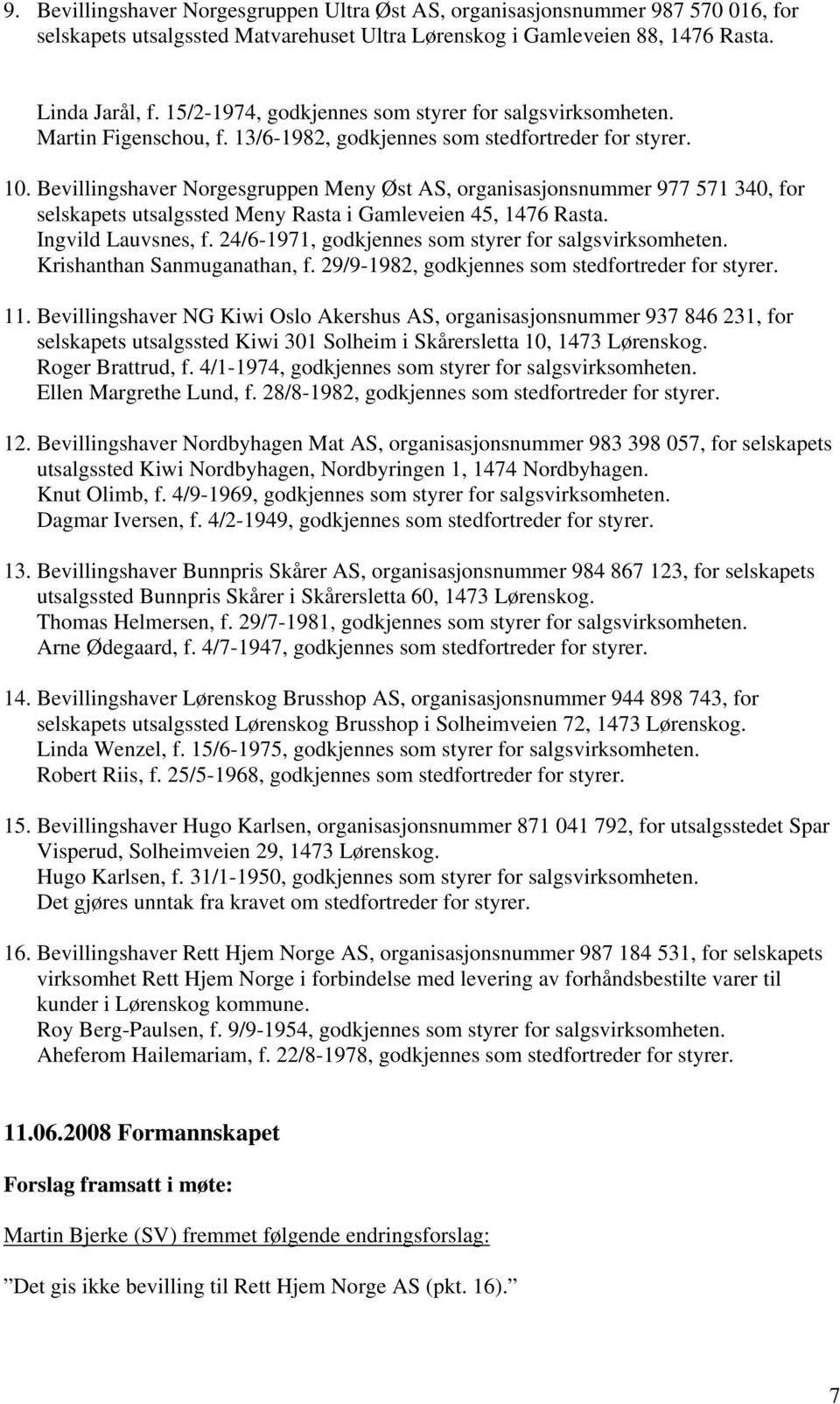 Bevillingshaver Norgesgruppen Meny Øst AS, organisasjonsnummer 977 571 340, for selskapets utsalgssted Meny Rasta i Gamleveien 45, 1476 Rasta. Ingvild Lauvsnes, f.