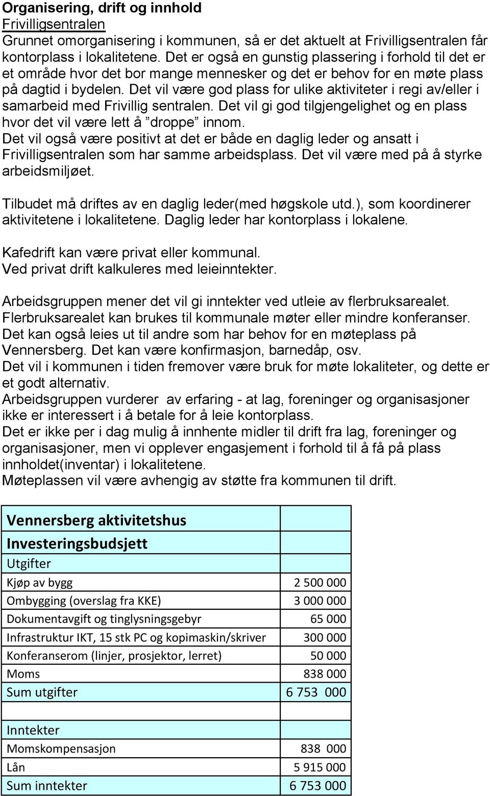 Det vil være god plass for ulike aktiviteter i regi av/eller i samarbeid med Frivillig sentralen. Det vil gi god tilgjengelighet og en plass hvor det vil være lett å droppe innom.