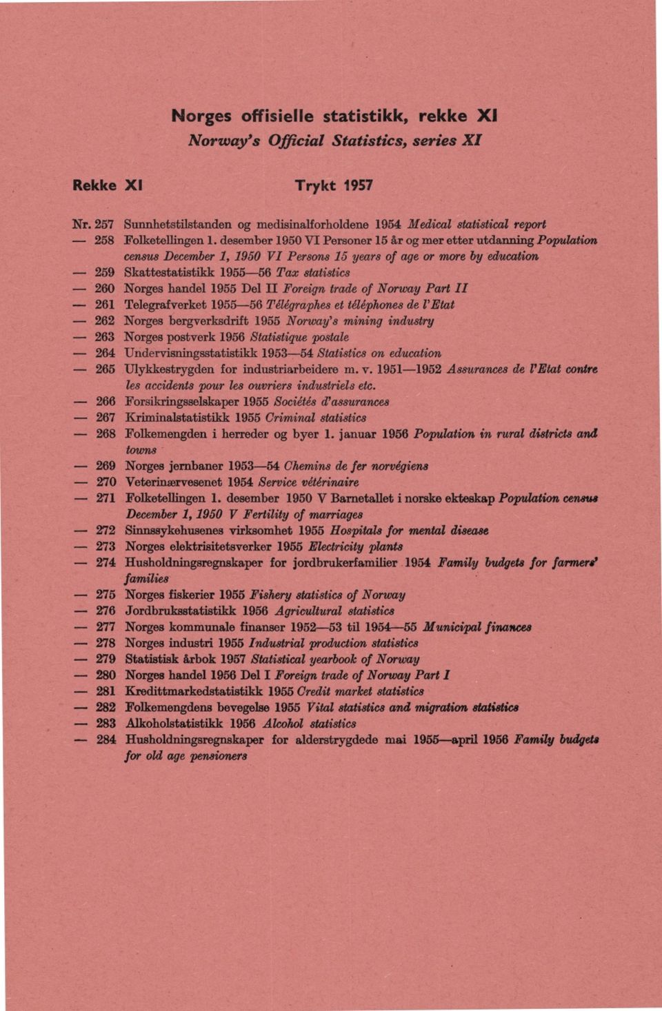 desember 1950 VI Personer 15 år og mer etter utdanning Population census December 1, 1950 VI Persons 15 years of age or more by education 259 Skattestatistikk 1955-56 Tax statistics 260 Norges handel