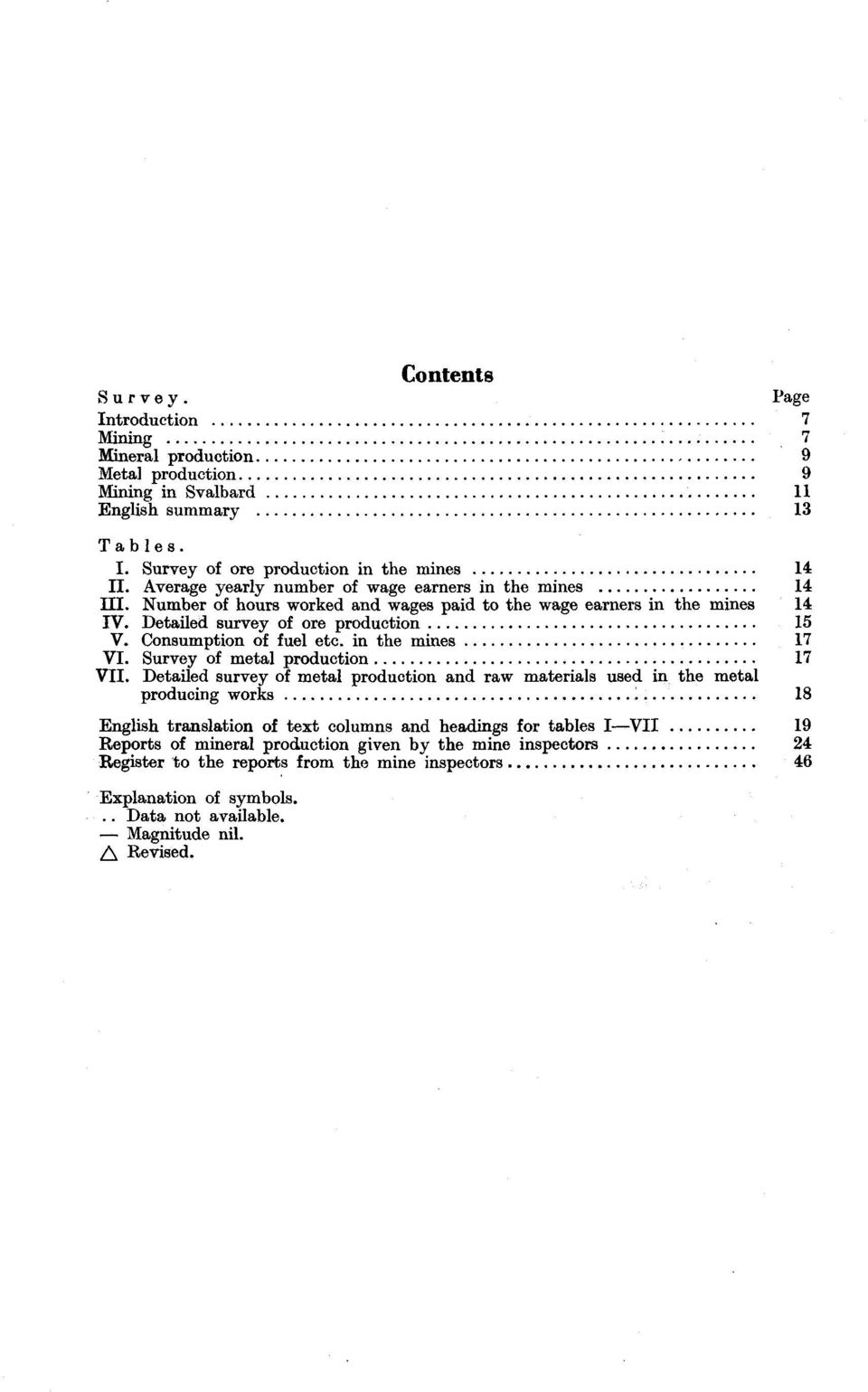 Consumption of fuel etc. in the mines 17 VI. Survey of metal production 17 VII.