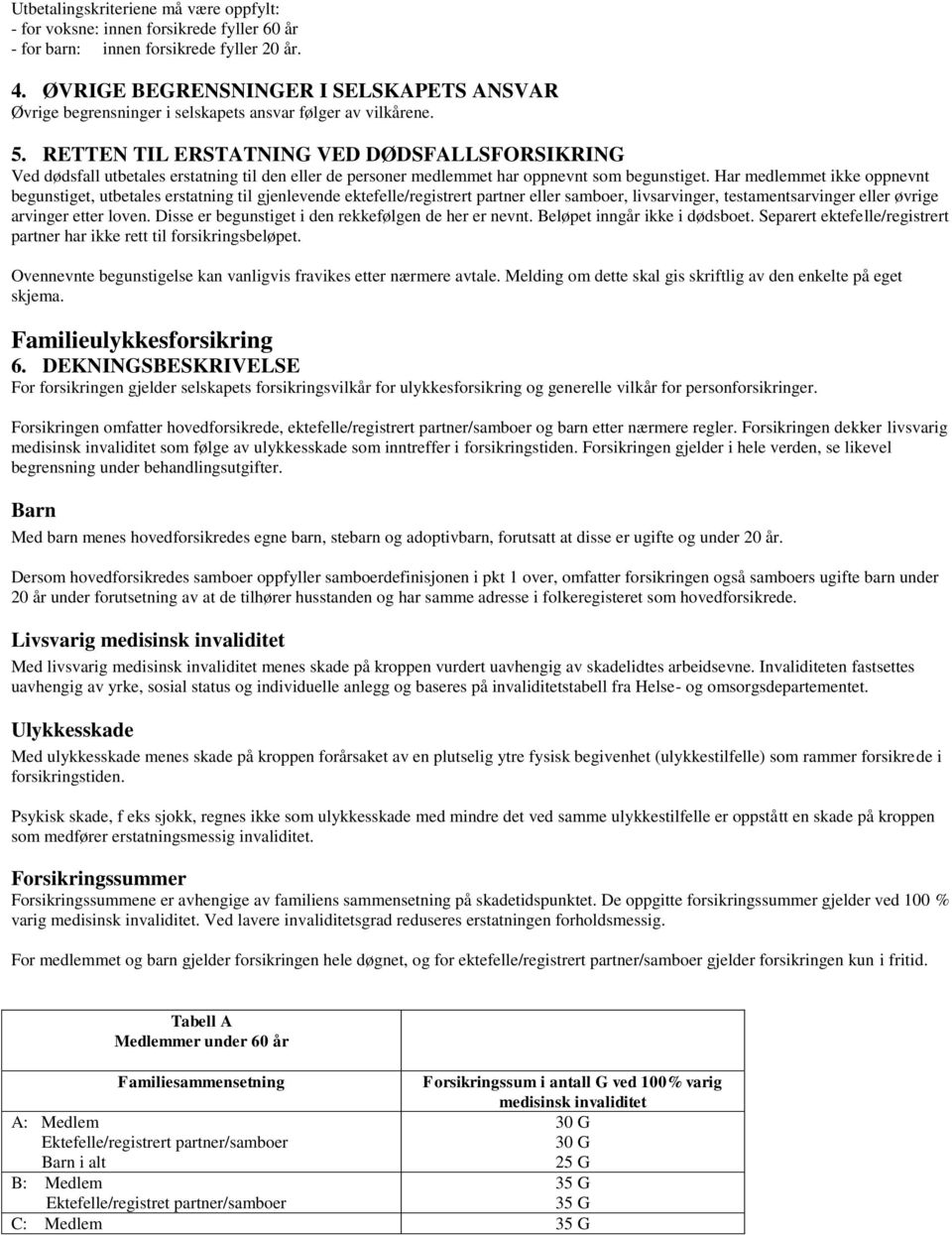 RETTEN TIL ERSTATNING VED DØDSFALLSFORSIKRING Ved dødsfall utbetales erstatning til den eller de personer medlemmet har oppnevnt som begunstiget.