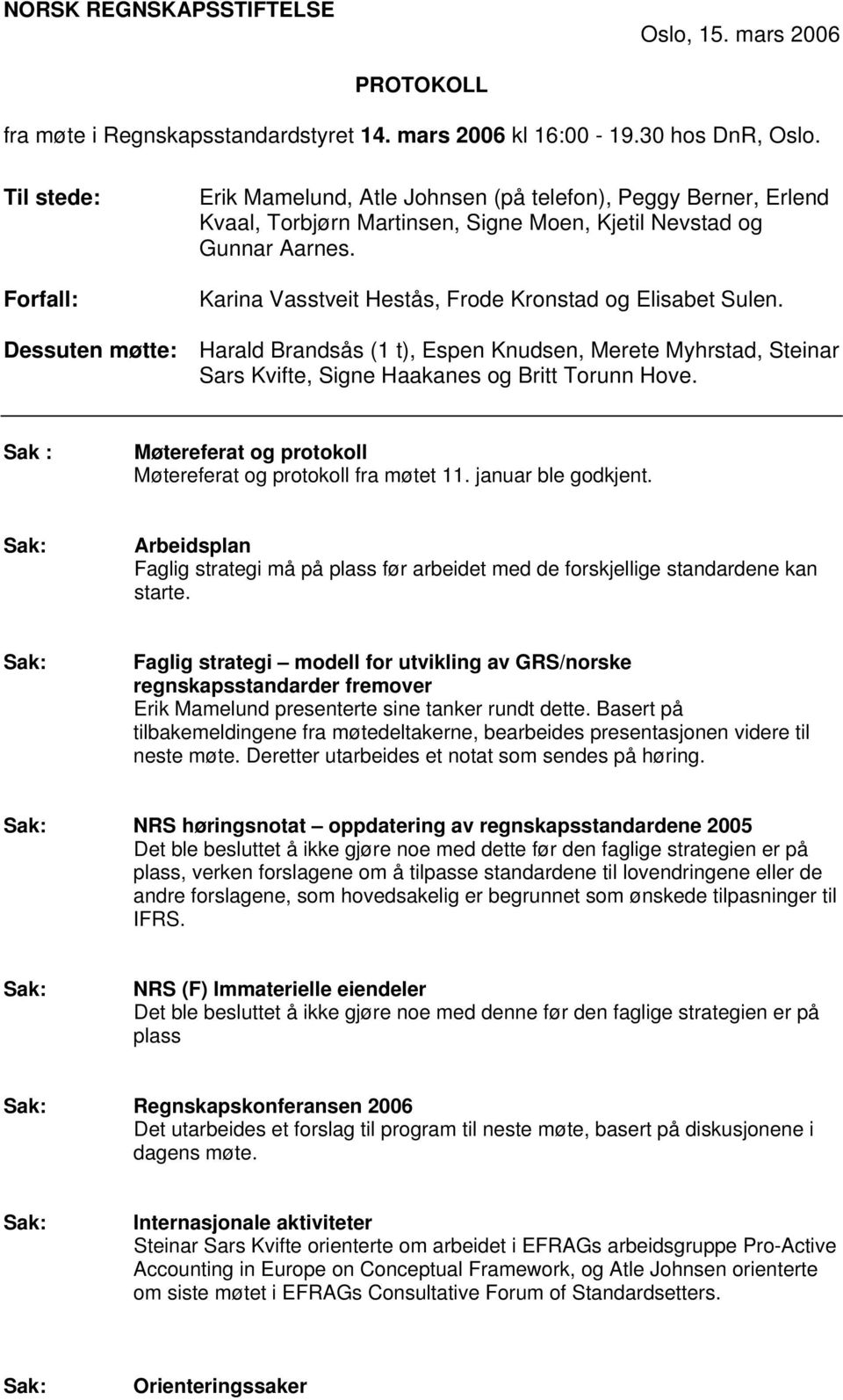 Karina Vasstveit Hestås, Frode Kronstad og Elisabet Sulen. Dessuten møtte: Harald Brandsås (1 t), Espen Knudsen, Merete Myhrstad, Steinar Sars Kvifte, Signe Haakanes og Britt Torunn Hove.