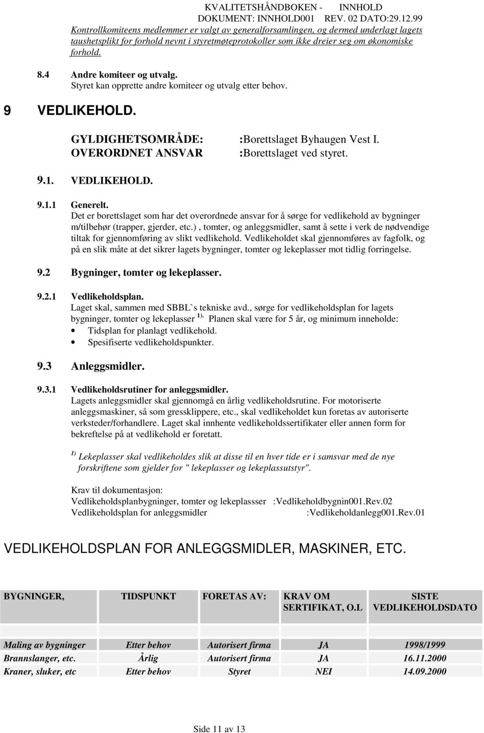 4 Andre komiteer og utvalg. Styret kan opprette andre komiteer og utvalg etter behov. 9 VEDLIKEHOLD. GYLDIGHETSOMRÅDE: :Borettslaget Byhaugen Vest I. OVERORDNET ANSVAR :Borettslaget ved styret. 9.1.