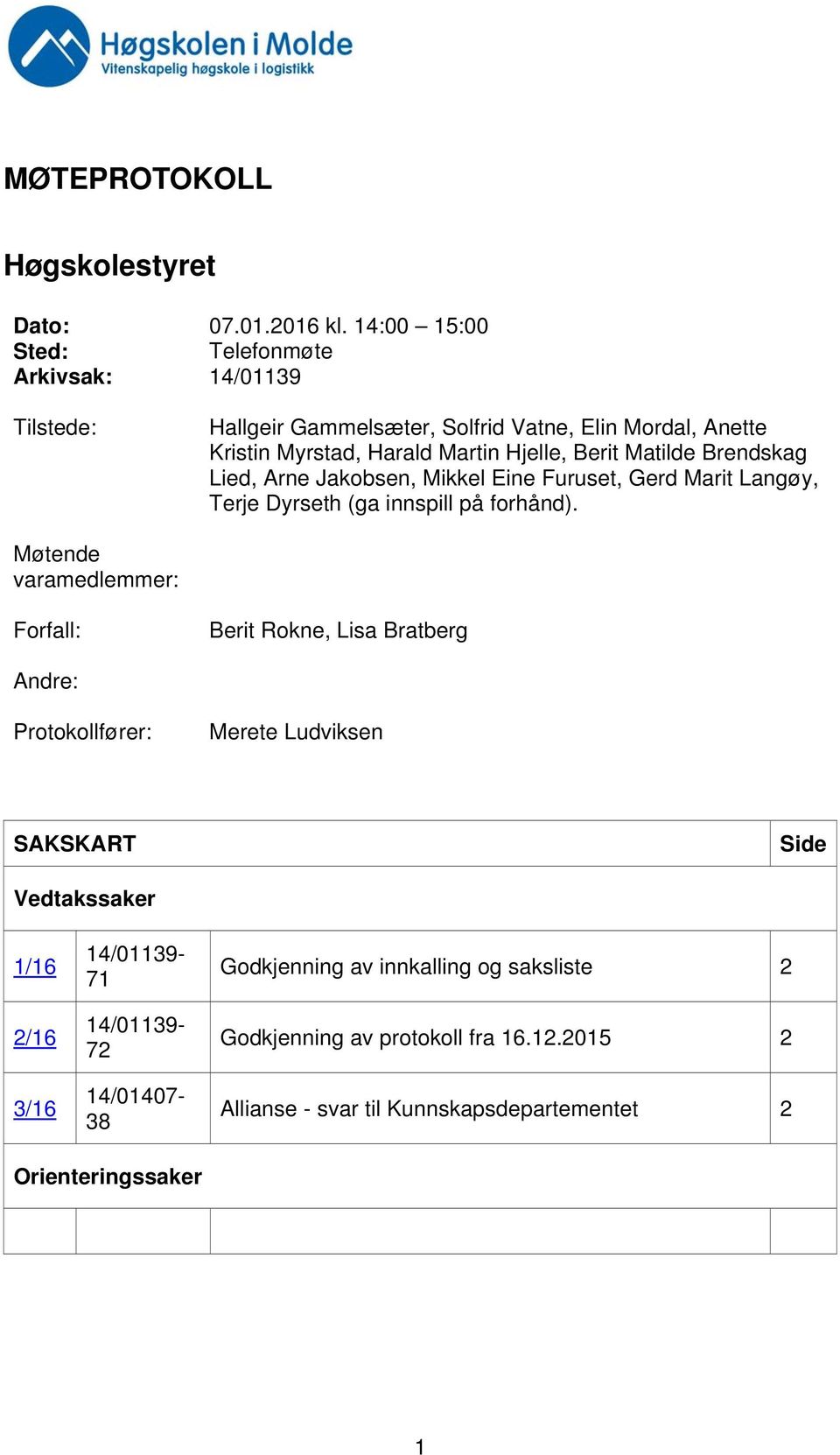 Matilde Brendskag Lied, Arne Jakobsen, Mikkel Eine Furuset, Gerd Marit Langøy, Terje Dyrseth (ga innspill på forhånd).
