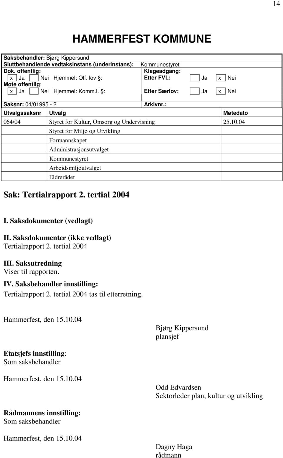 : Utvalgssaksnr Utvalg Møtedato 064/04 Styret for Kultur, Omsorg og Undervisning 25.10.