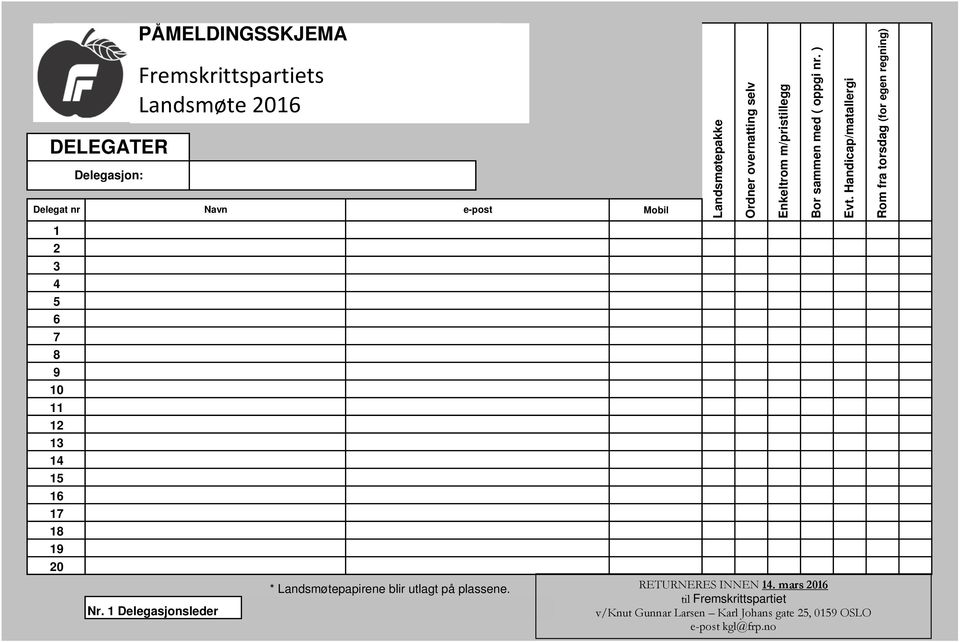 Handicap/matallergi Rom fra torsdag (for egen regning) 1 2 3 4 5 6 7 8 9 10 11 12 13 14 15 16 17 18 19 20 Nr.