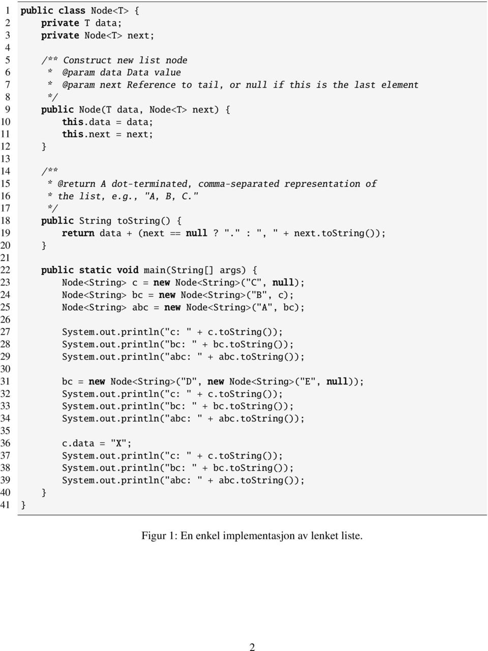 " 17 */ 18 public String tostring() { 19 return data + (next == null? "." : ", " + next.