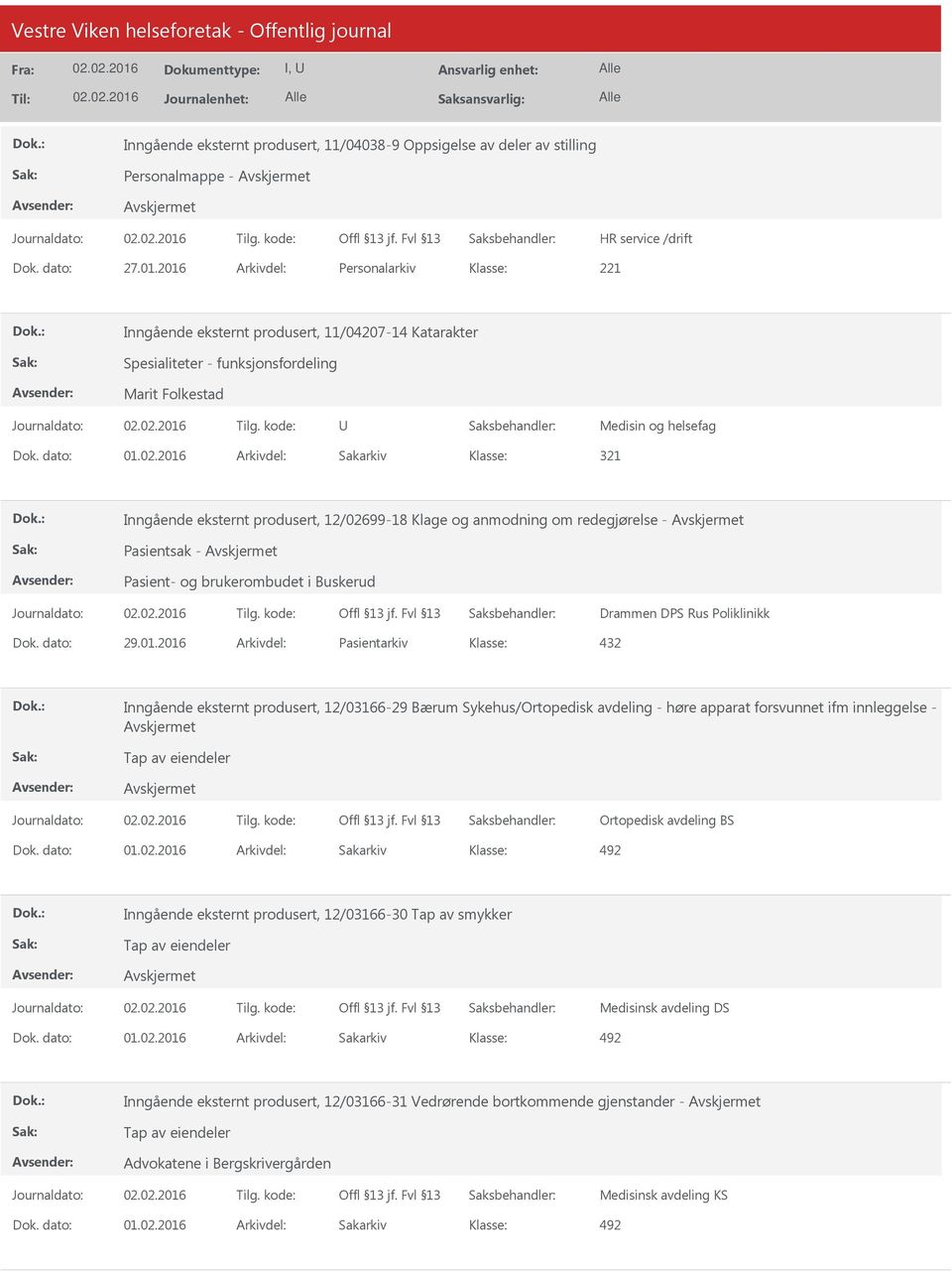 2016 Arkivdel: Sakarkiv 321 Inngående eksternt produsert, 12/02699-18 Klage og anmodning om redegjørelse - Pasientsak - Pasient- og brukerombudet i Buskerud Drammen DPS Rus Poliklinikk Dok. dato: 29.