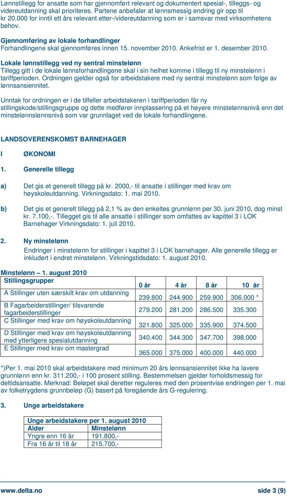 Ankefrist er 1. desember 2010. Lokale lønnstillegg ved ny sentral minstelønn Tillegg gitt i de lokale lønnsforhandlingene skal i sin helhet komme i tillegg til ny minstelønn i tariffperioden.