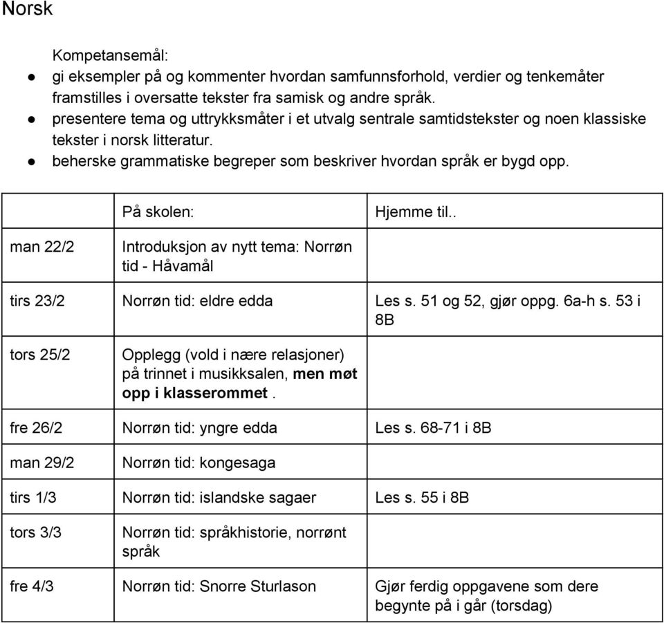 På skolen: Hjemme til.. man 22/2 Introduksjon av nytt tema: Norrøn tid Håvamål tirs 23/2 Norrøn tid: eldre edda Les s. 51 og 52, gjør oppg. 6a h s.