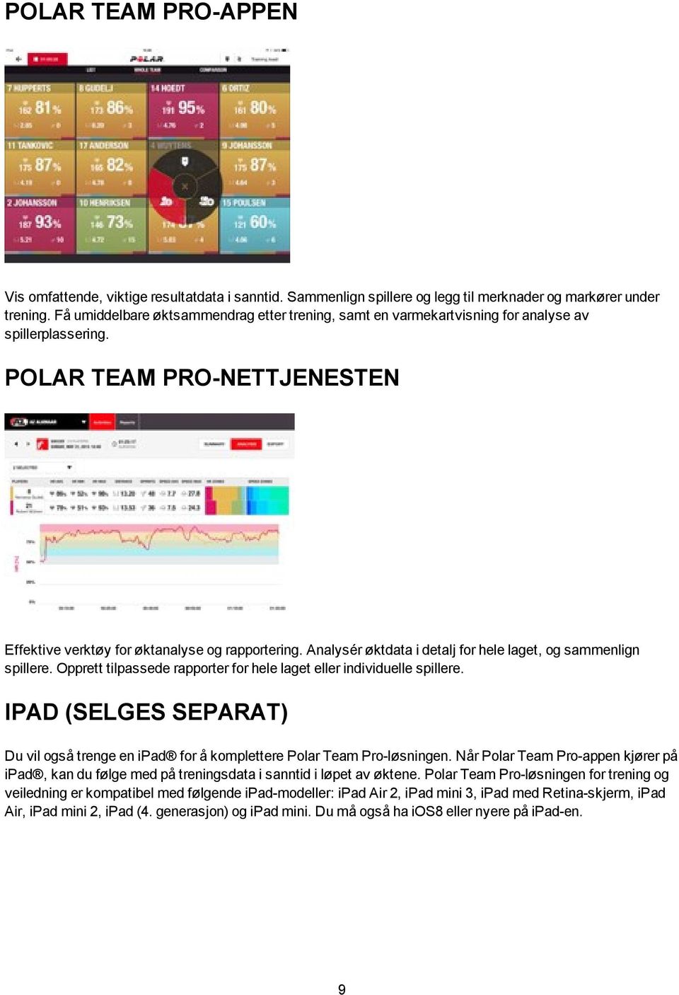 Analysér øktdata i detalj for hele laget, og sammenlign spillere. Opprett tilpassede rapporter for hele laget eller individuelle spillere.