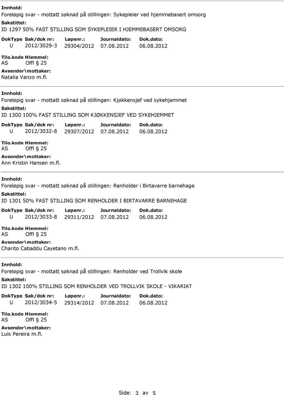 Foreløpig svar - mottatt søknad på stillingen: Renholder i Birtavarre barnehage D 1301 50% FT STLLNG SOM RENHOLDER BRTAVARRE BARNEHAGE 2012/3033-8 29311/2012 Charito Cabaddu Cayetano