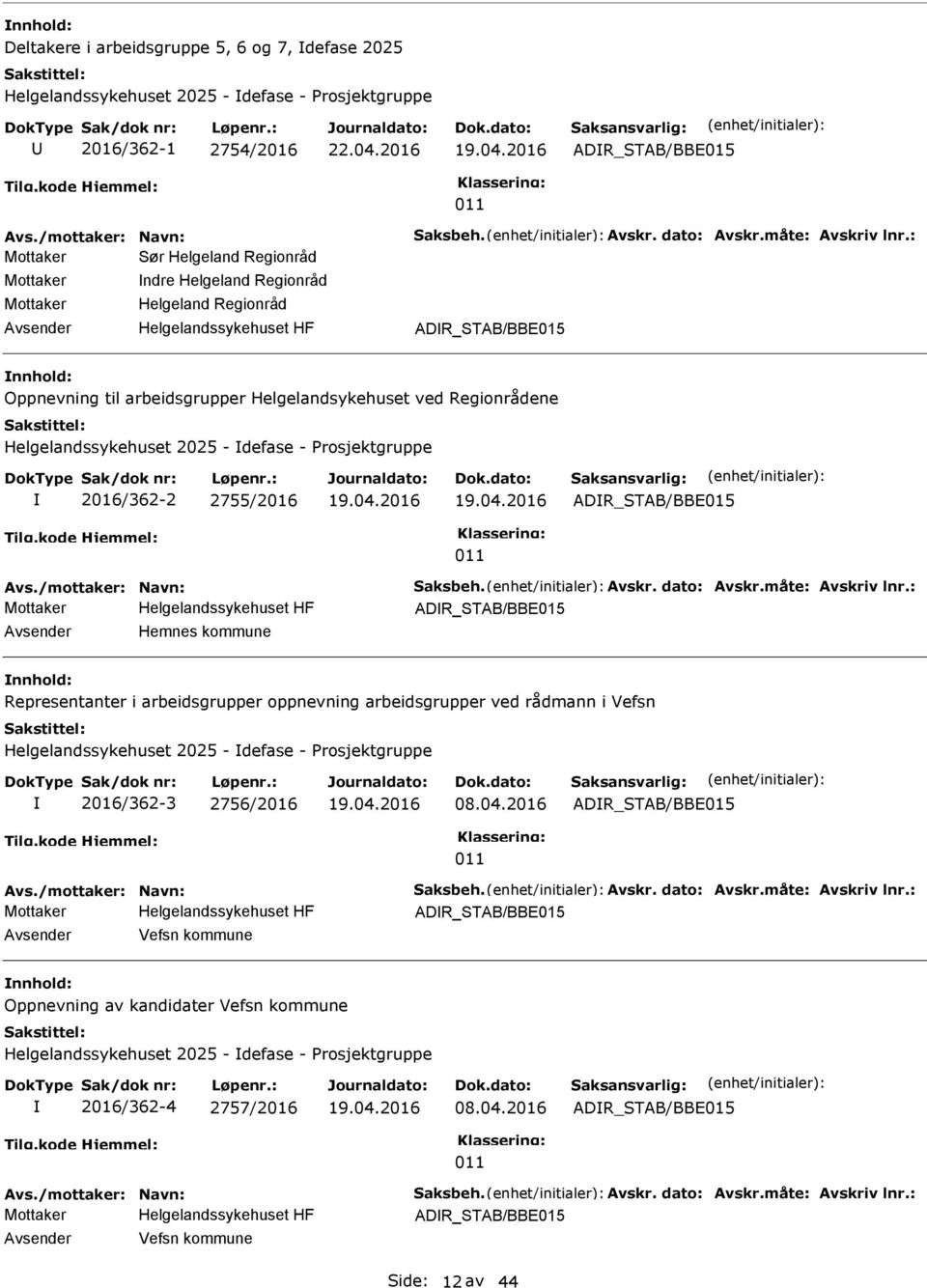 : Mottaker Sør Helgeland Regionråd Mottaker Mottaker Avsender ndre Helgeland Regionråd Helgeland Regionråd Helgelandssykehuset HF ADR_STAB/BBE015 nnhold: Oppnevning til arbeidsgrupper