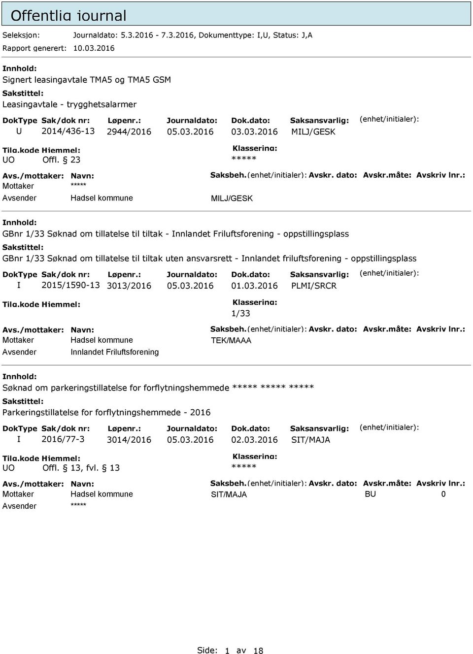 : Mottaker vsender Hadsel kommune MLJ/GESK nnhold: GBnr 1/33 om tillatelse til tiltak - nnlandet Friluftsforening - oppstillingsplass GBnr 1/33 om tillatelse til tiltak uten ansvarsrett - nnlandet