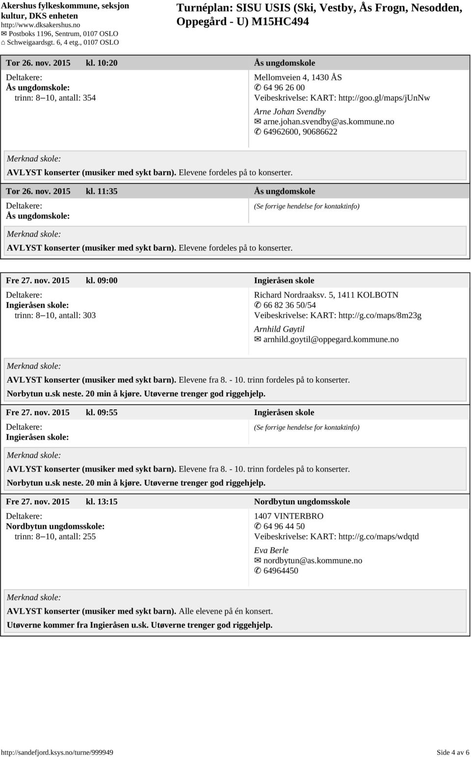 5, 1411 KOLBOTN 66 82 36 50/54 Veibeskrivelse: KART: http://g.co/maps/8m23g Arnhild Gøytil arnhild.goytil@oppegard.kommune.no AVLYST konserter (musiker med sykt barn). Elevene fra 8. - 10.